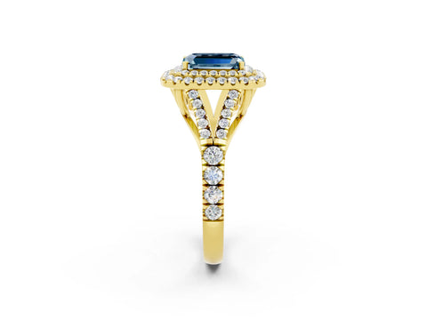 Yellow gold Double Halo Emerald Cut Aquamarine Split Shank Engagement Ring with Four-Prong Setting_2