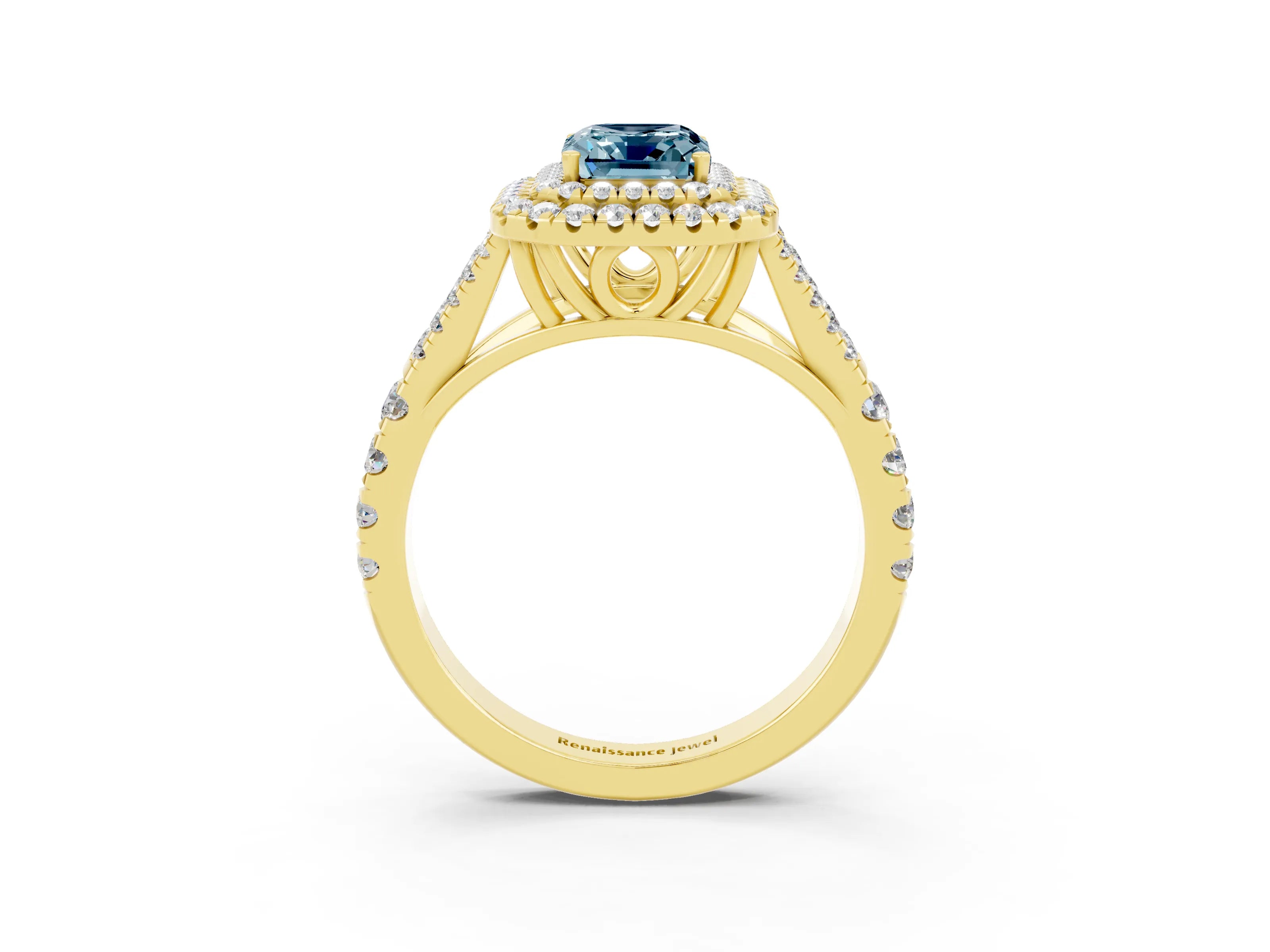 Yellow gold Double Halo Emerald Cut Aquamarine Split Shank Engagement Ring with Four-Prong Setting_3