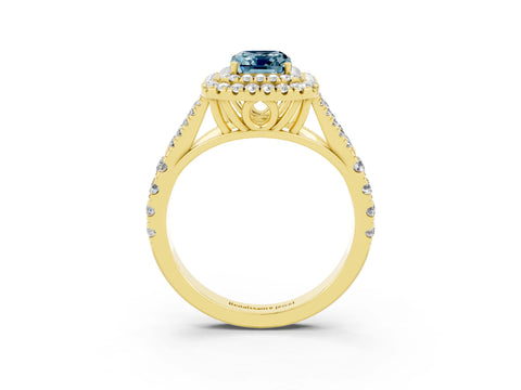 Yellow gold Double Halo Emerald Cut Aquamarine Split Shank Engagement Ring with Four-Prong Setting_3