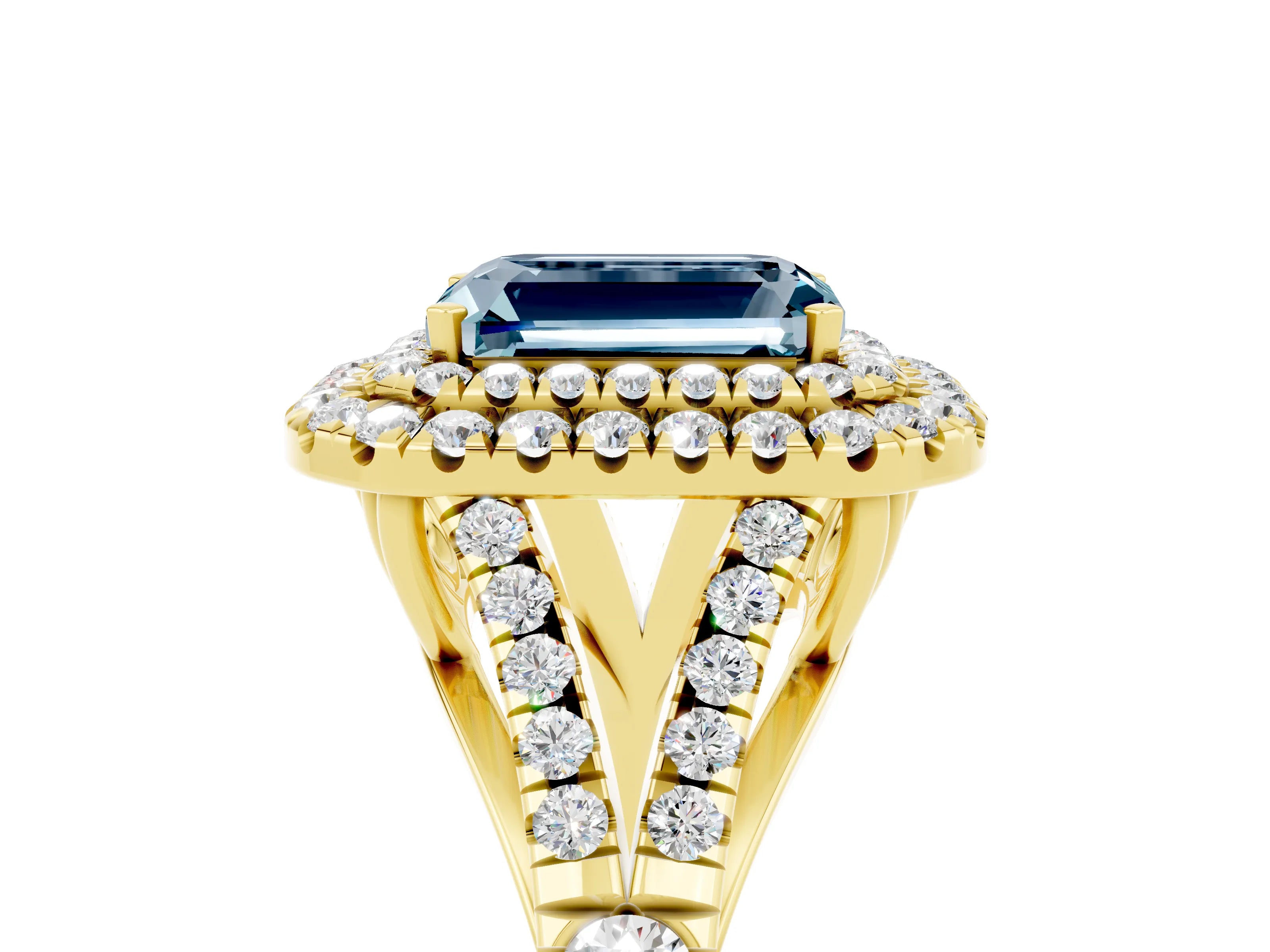 Yellow gold Double Halo Emerald Cut Aquamarine Split Shank Engagement Ring with Four-Prong Setting_5