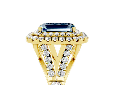 Yellow gold Double Halo Emerald Cut Aquamarine Split Shank Engagement Ring with Four-Prong Setting_5