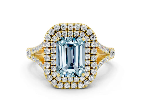Yellow gold Double Halo Emerald Cut Aquamarine Split Shank Engagement Ring with Four-Prong Setting