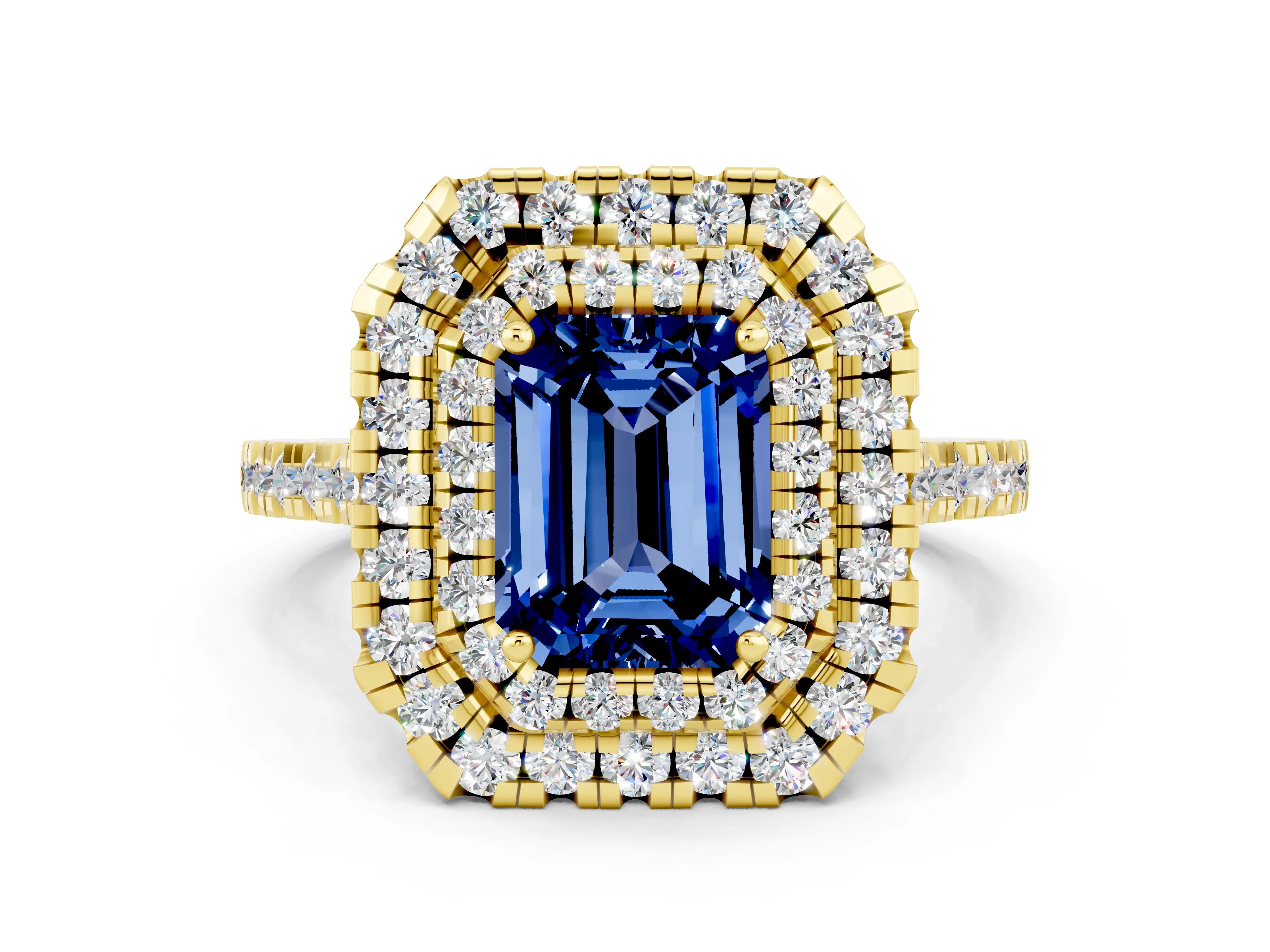 Yellow gold Double Halo Emerald Cut Blue Sapphire Pavé Band with Four-Prong Setting