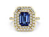Yellow gold Double Halo Emerald Cut Blue Sapphire Pavé Band with Four-Prong Setting