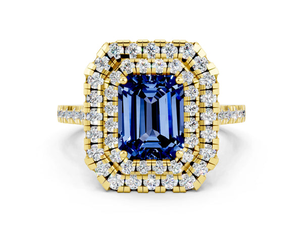 Yellow gold Double Halo Emerald Cut Blue Sapphire Pavé Band with Four-Prong Setting