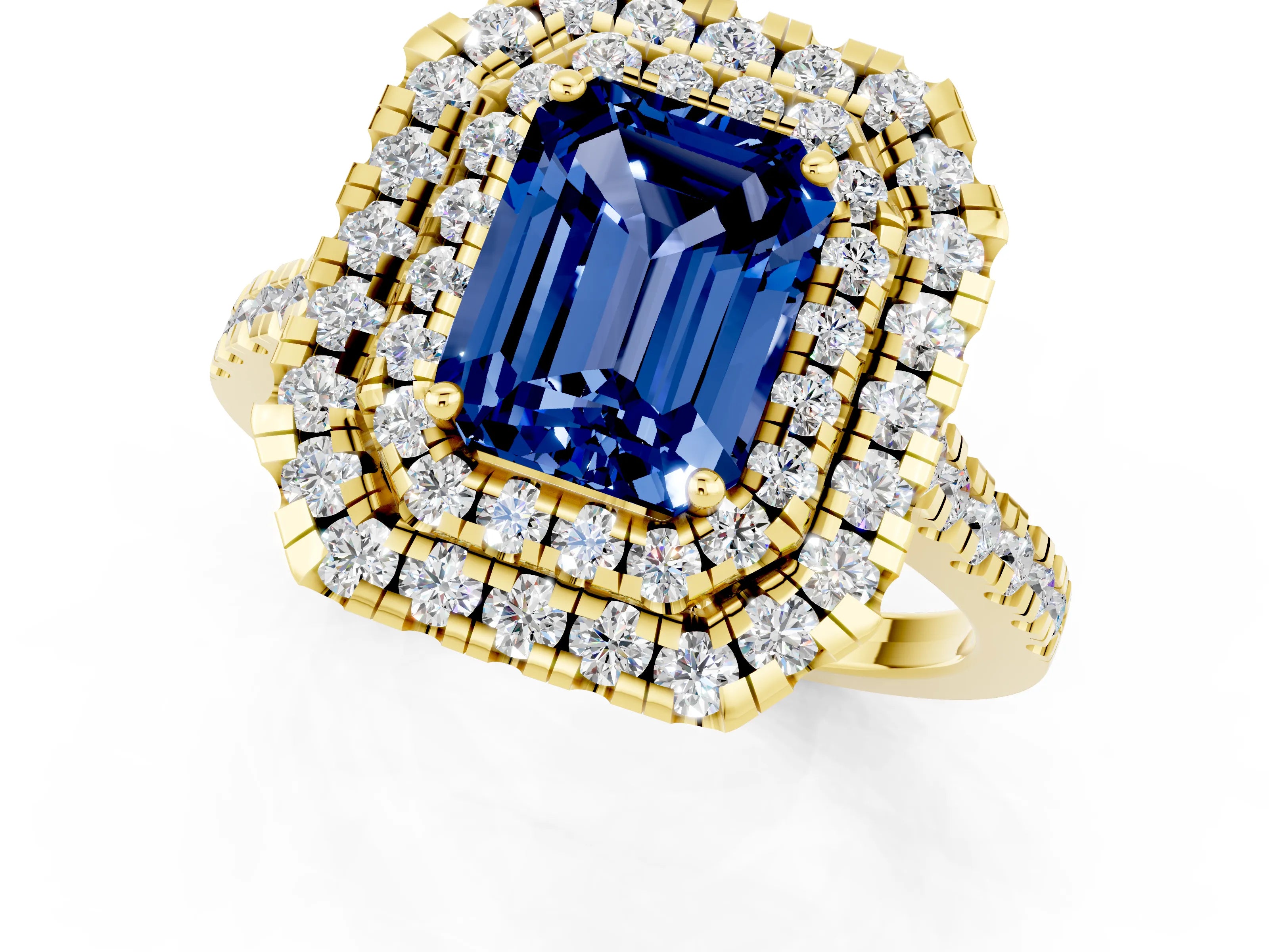 Yellow gold Double Halo Emerald Cut Blue Sapphire Pavé Band with Four-Prong Setting_1