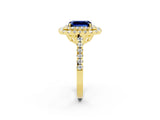 Yellow gold Double Halo Emerald Cut Blue Sapphire Pavé Band with Four-Prong Setting_2