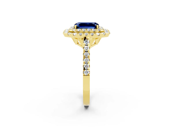 Yellow gold Double Halo Emerald Cut Blue Sapphire Pavé Band with Four-Prong Setting