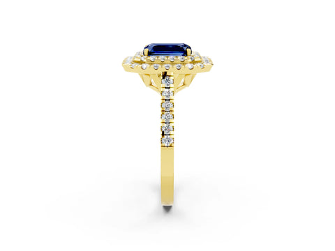 Yellow gold Double Halo Emerald Cut Blue Sapphire Pavé Band with Four-Prong Setting_2