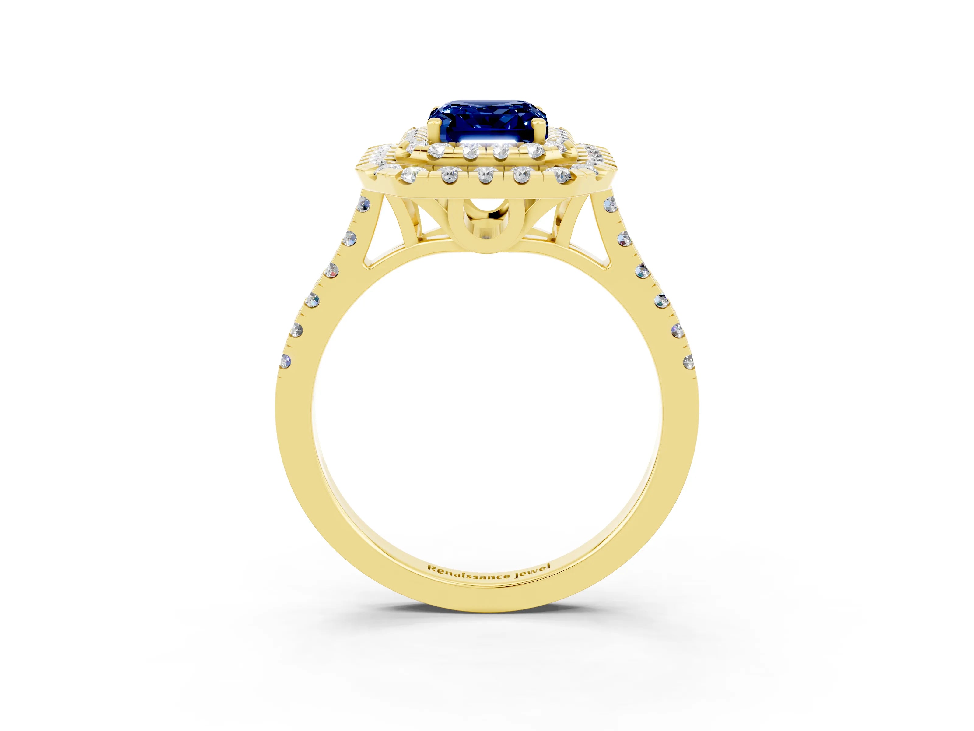 Yellow gold Double Halo Emerald Cut Blue Sapphire Pavé Band with Four-Prong Setting_3
