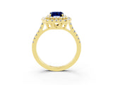 Yellow gold Double Halo Emerald Cut Blue Sapphire Pavé Band with Four-Prong Setting_3