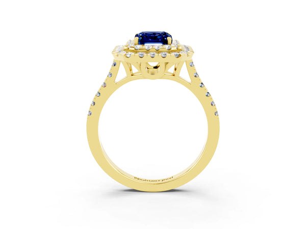 Yellow gold Double Halo Emerald Cut Blue Sapphire Pavé Band with Four-Prong Setting