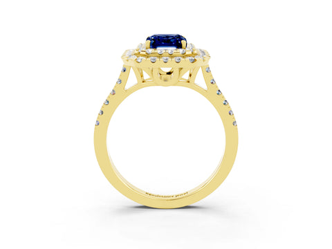 Yellow gold Double Halo Emerald Cut Blue Sapphire Pavé Band with Four-Prong Setting_3