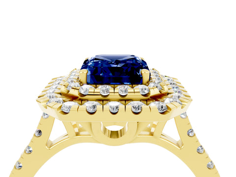 Yellow gold Double Halo Emerald Cut Blue Sapphire Pavé Band with Four-Prong Setting_4