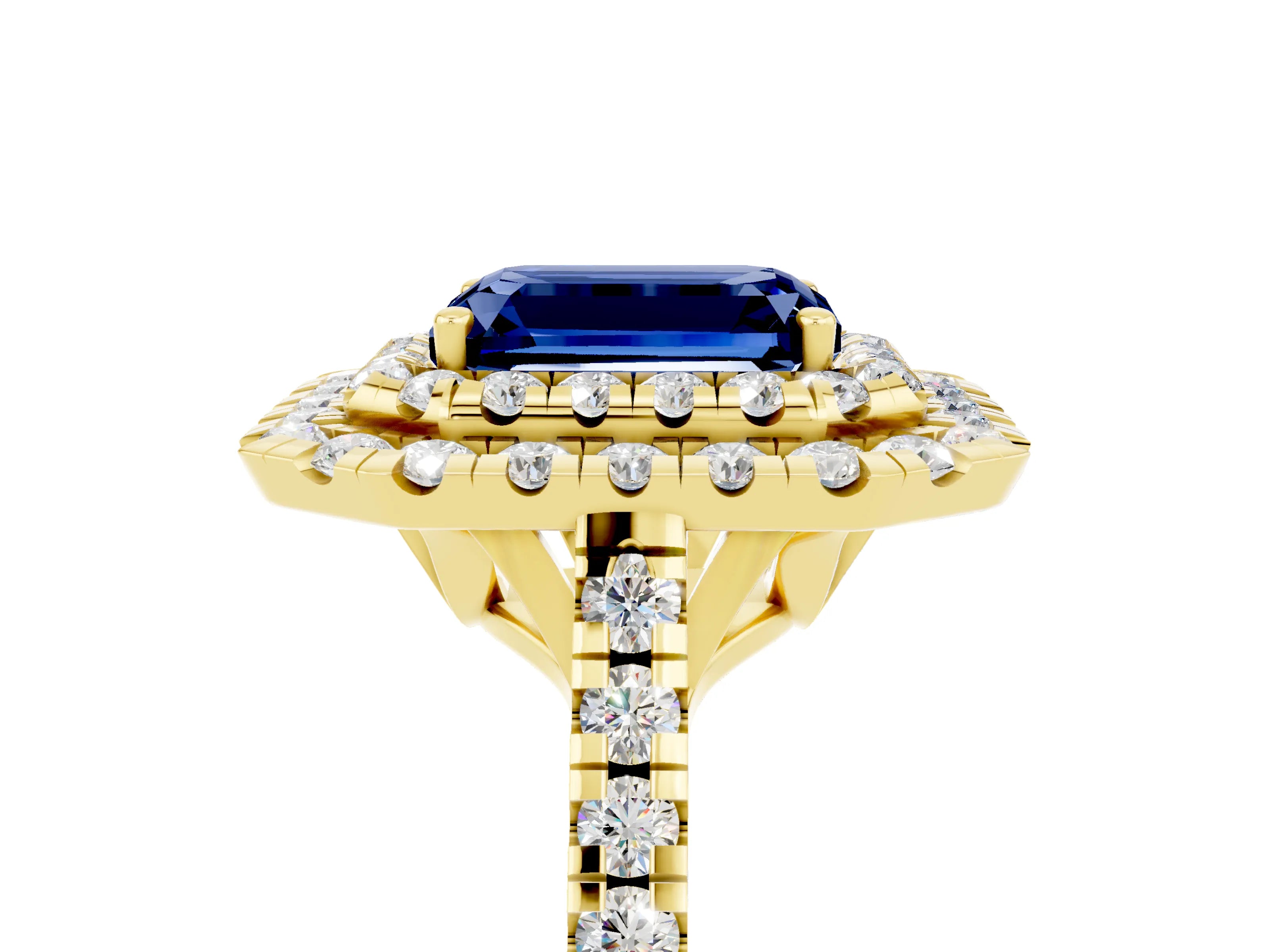 Yellow gold Double Halo Emerald Cut Blue Sapphire Pavé Band with Four-Prong Setting_5
