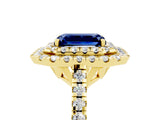 Yellow gold Double Halo Emerald Cut Blue Sapphire Pavé Band with Four-Prong Setting_5