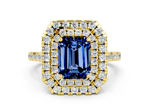 Yellow gold Double Halo Emerald Cut Blue Sapphire Pavé Band with Four-Prong Setting