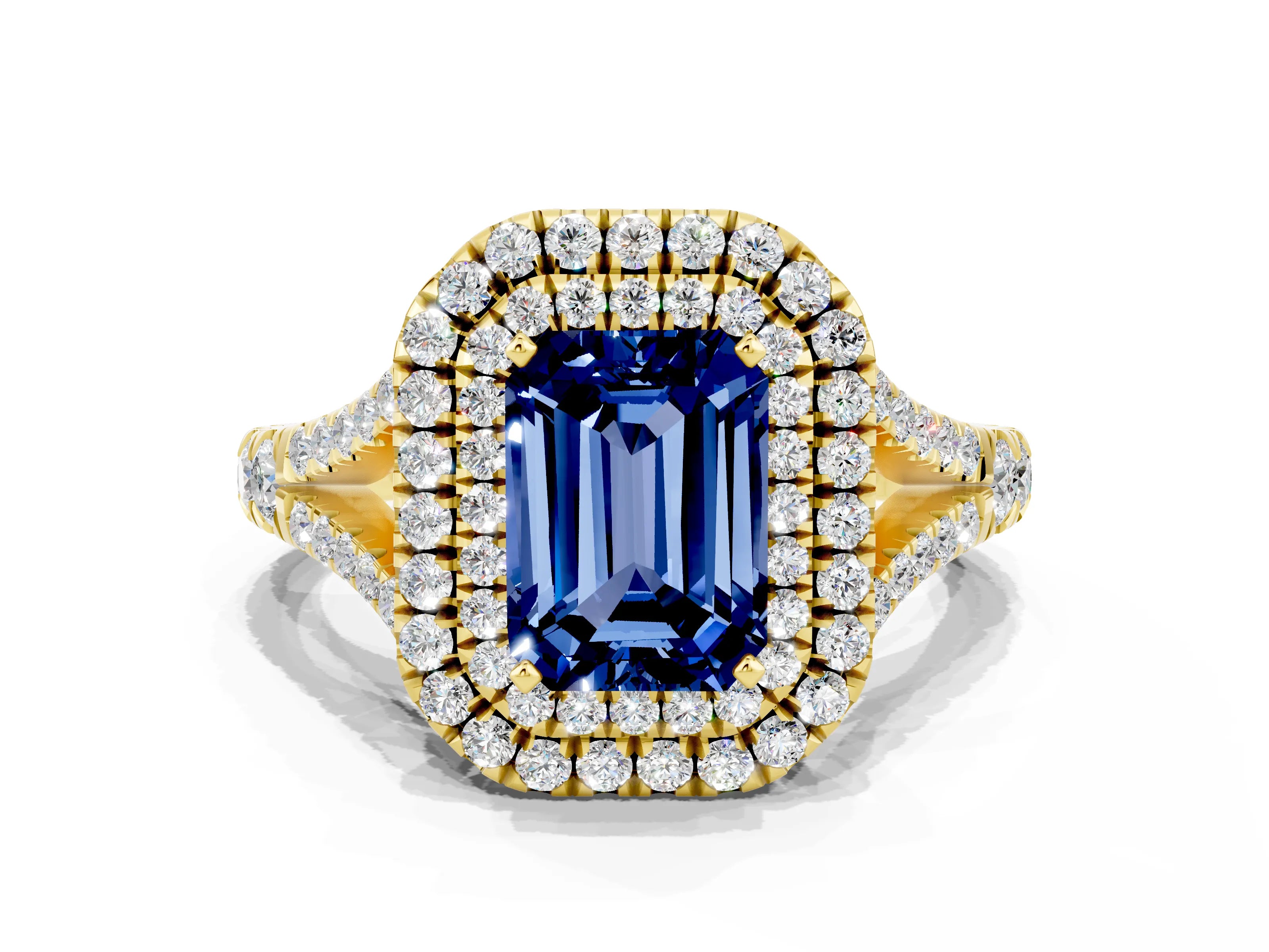 Yellow gold Double Halo Emerald Cut Blue Sapphire Pavé Split Shank Ring with Prong Setting