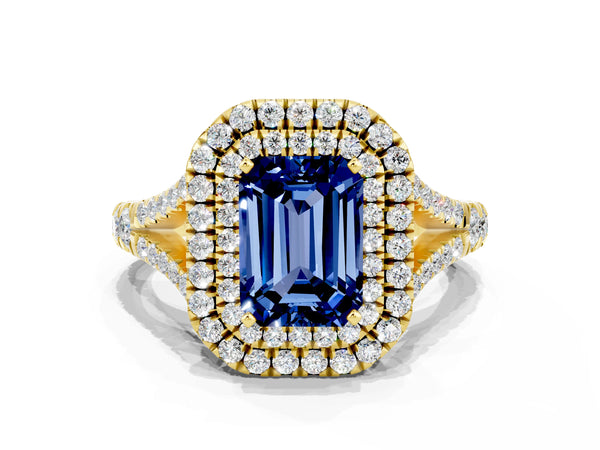Yellow gold Double Halo Emerald Cut Blue Sapphire Pavé Split Shank Ring with Prong Setting