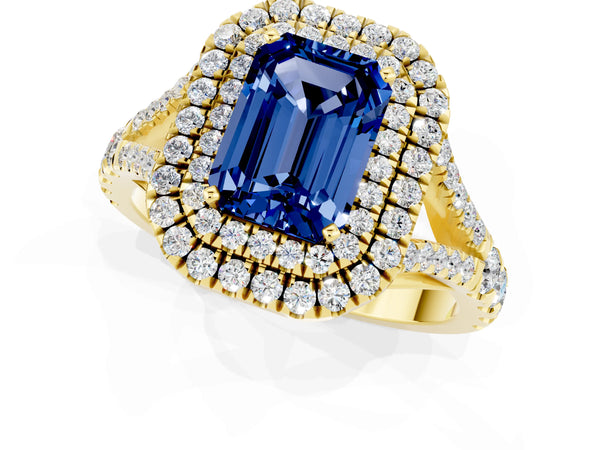 Yellow gold Double Halo Emerald Cut Blue Sapphire Pavé Split Shank Ring with Prong Setting