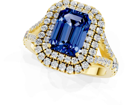 Yellow gold Double Halo Emerald Cut Blue Sapphire Pavé Split Shank Ring with Prong Setting_1