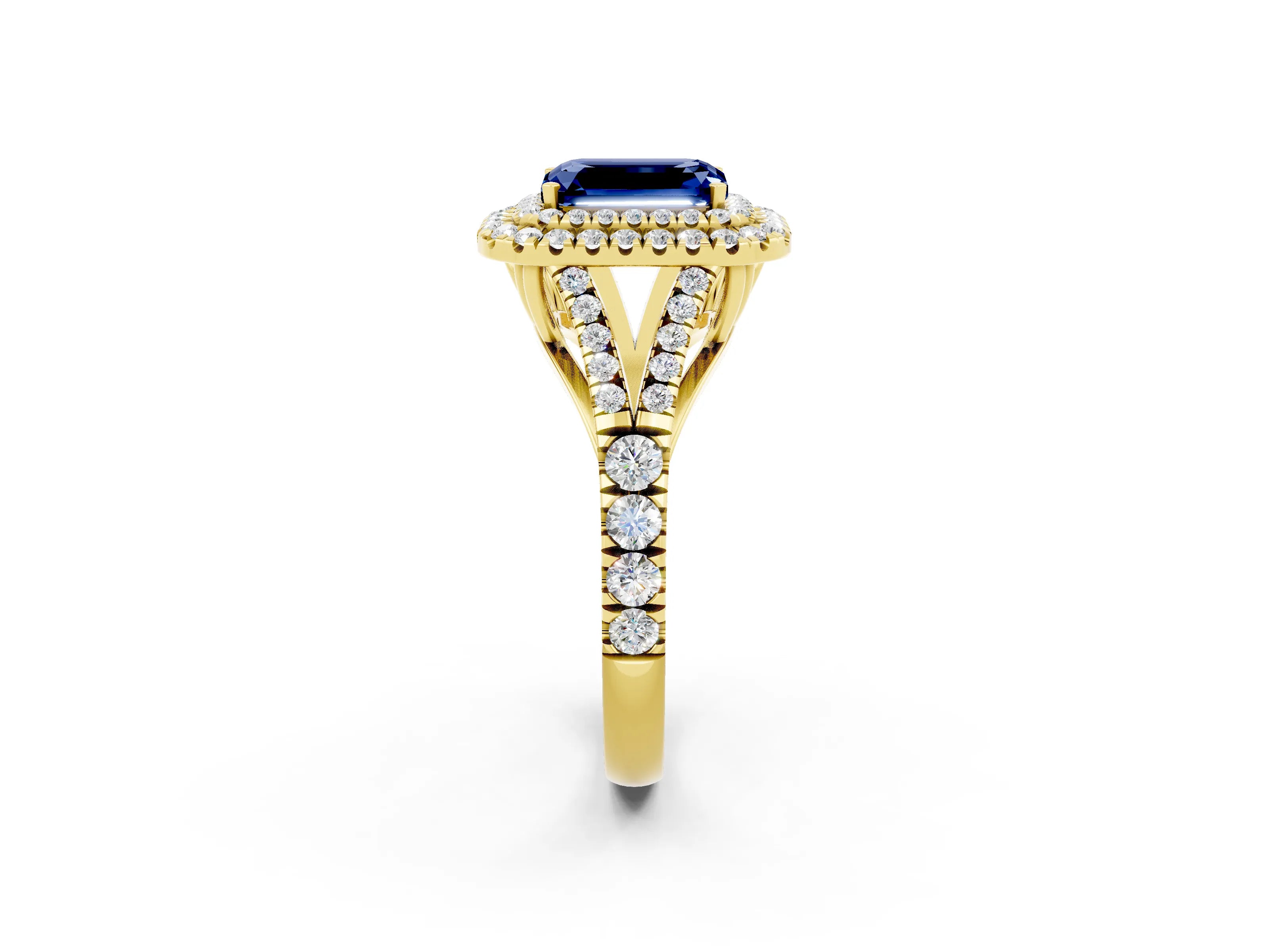 Yellow gold Double Halo Emerald Cut Blue Sapphire Pavé Split Shank Ring with Prong Setting_2
