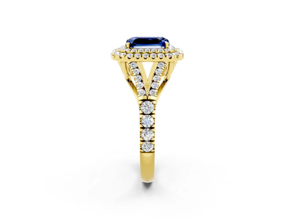 Yellow gold Double Halo Emerald Cut Blue Sapphire Pavé Split Shank Ring with Prong Setting