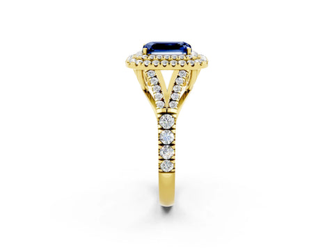 Yellow gold Double Halo Emerald Cut Blue Sapphire Pavé Split Shank Ring with Prong Setting_2