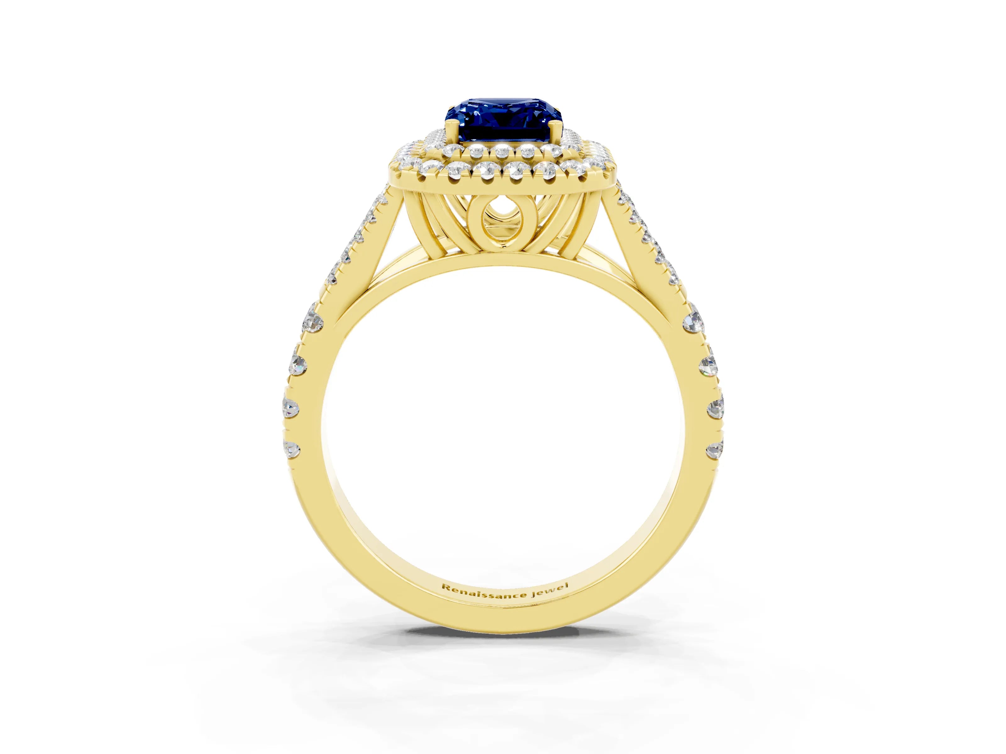 Yellow gold Double Halo Emerald Cut Blue Sapphire Pavé Split Shank Ring with Prong Setting_3