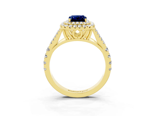Yellow gold Double Halo Emerald Cut Blue Sapphire Pavé Split Shank Ring with Prong Setting