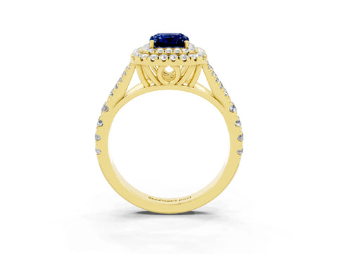 Yellow gold Double Halo Emerald Cut Blue Sapphire Pavé Split Shank Ring with Prong Setting_3