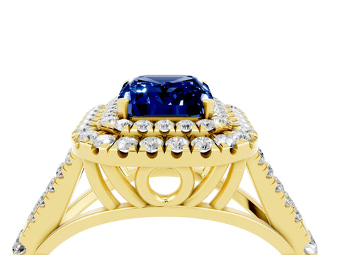 Yellow gold Double Halo Emerald Cut Blue Sapphire Pavé Split Shank Ring with Prong Setting_4