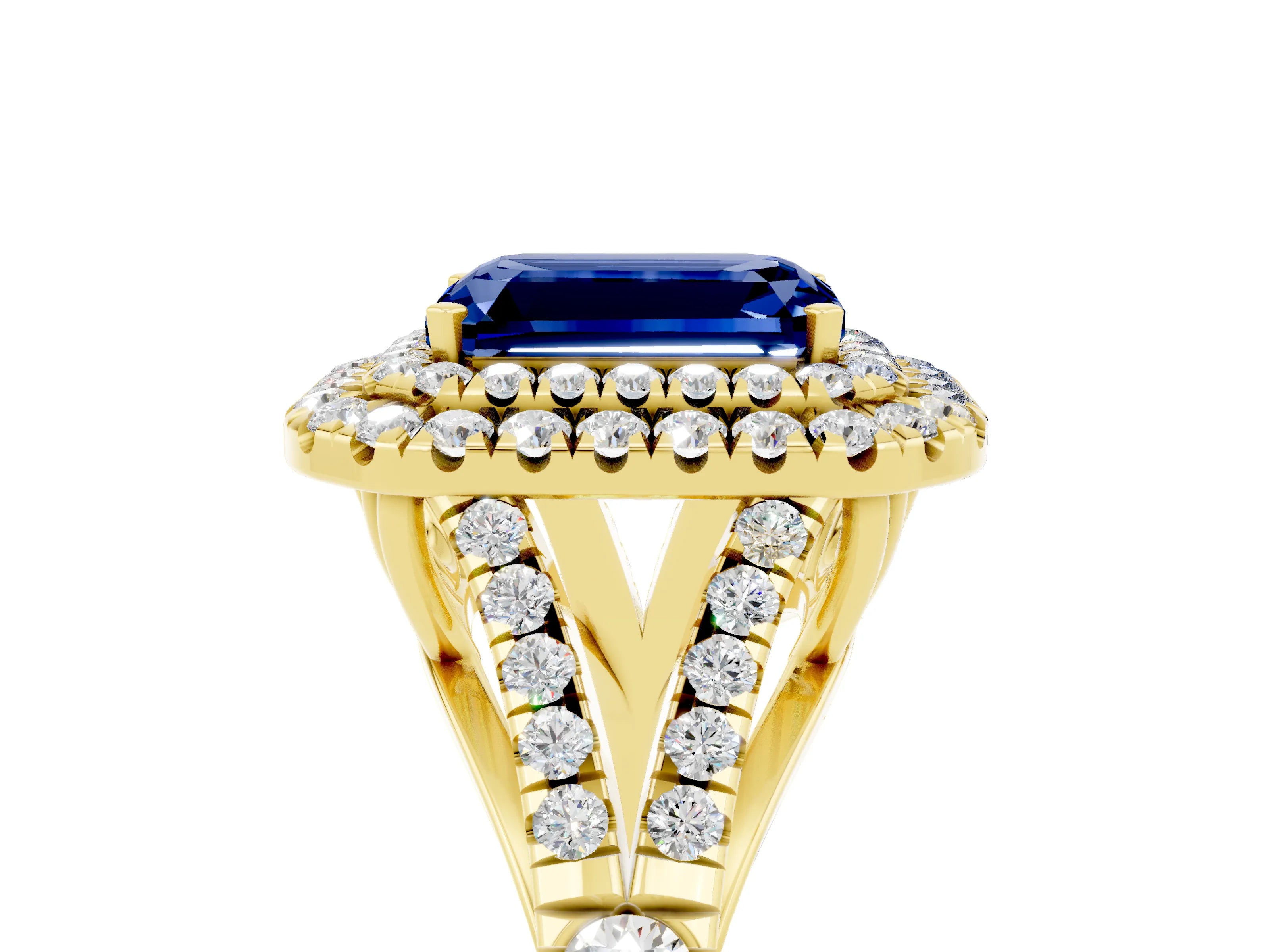 Yellow gold Double Halo Emerald Cut Blue Sapphire Pavé Split Shank Ring with Prong Setting_5