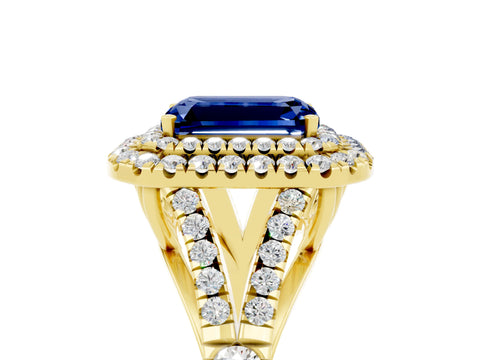 Yellow gold Double Halo Emerald Cut Blue Sapphire Pavé Split Shank Ring with Prong Setting_5