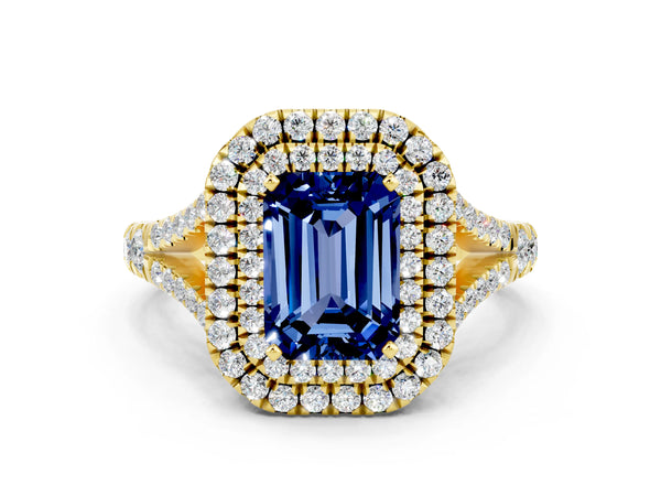 Yellow gold Double Halo Emerald Cut Blue Sapphire Split Shank Engagement Ring with Four-Prong Setting