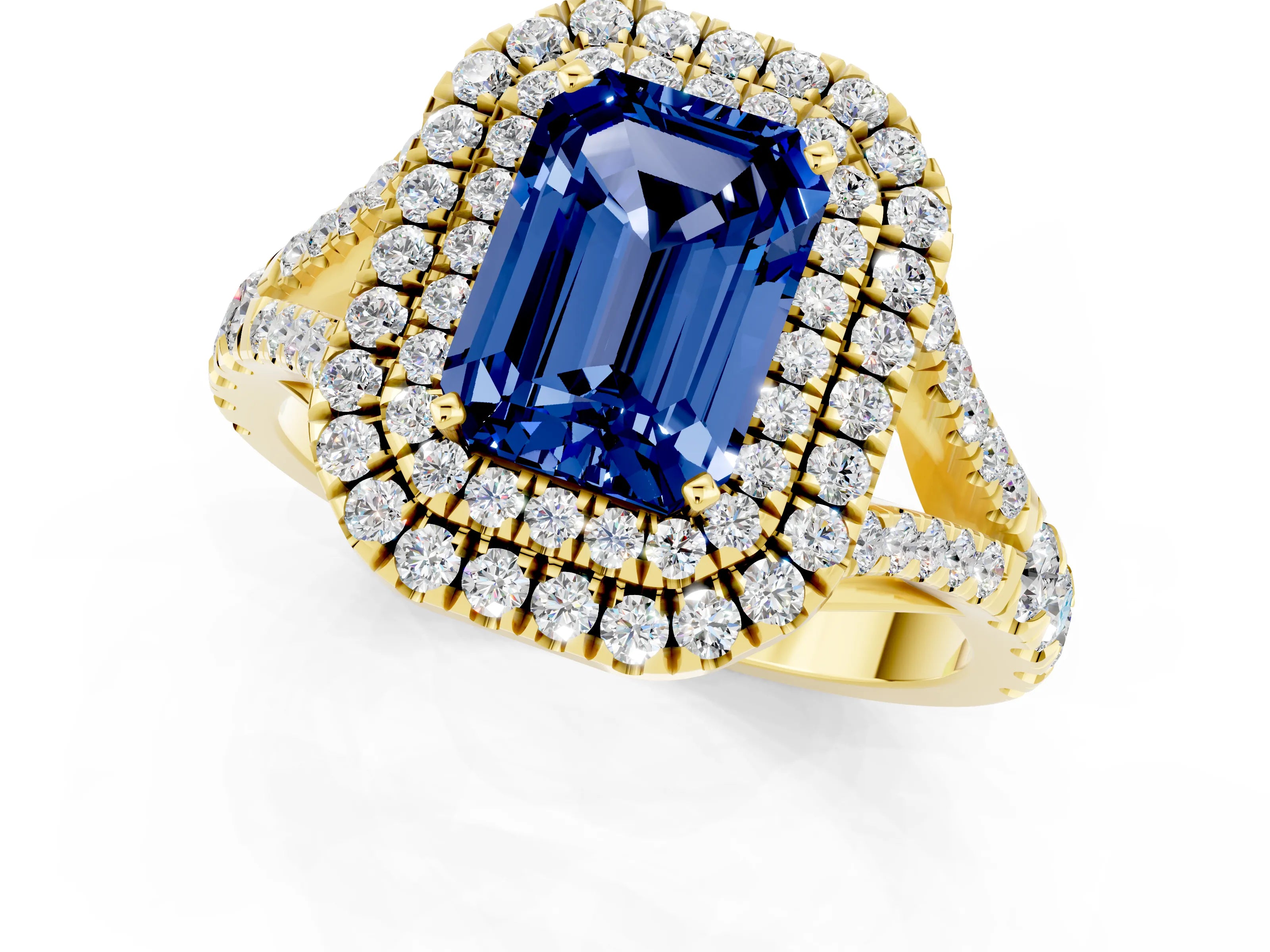 Yellow gold Double Halo Emerald Cut Blue Sapphire Split Shank Engagement Ring with Four-Prong Setting_1