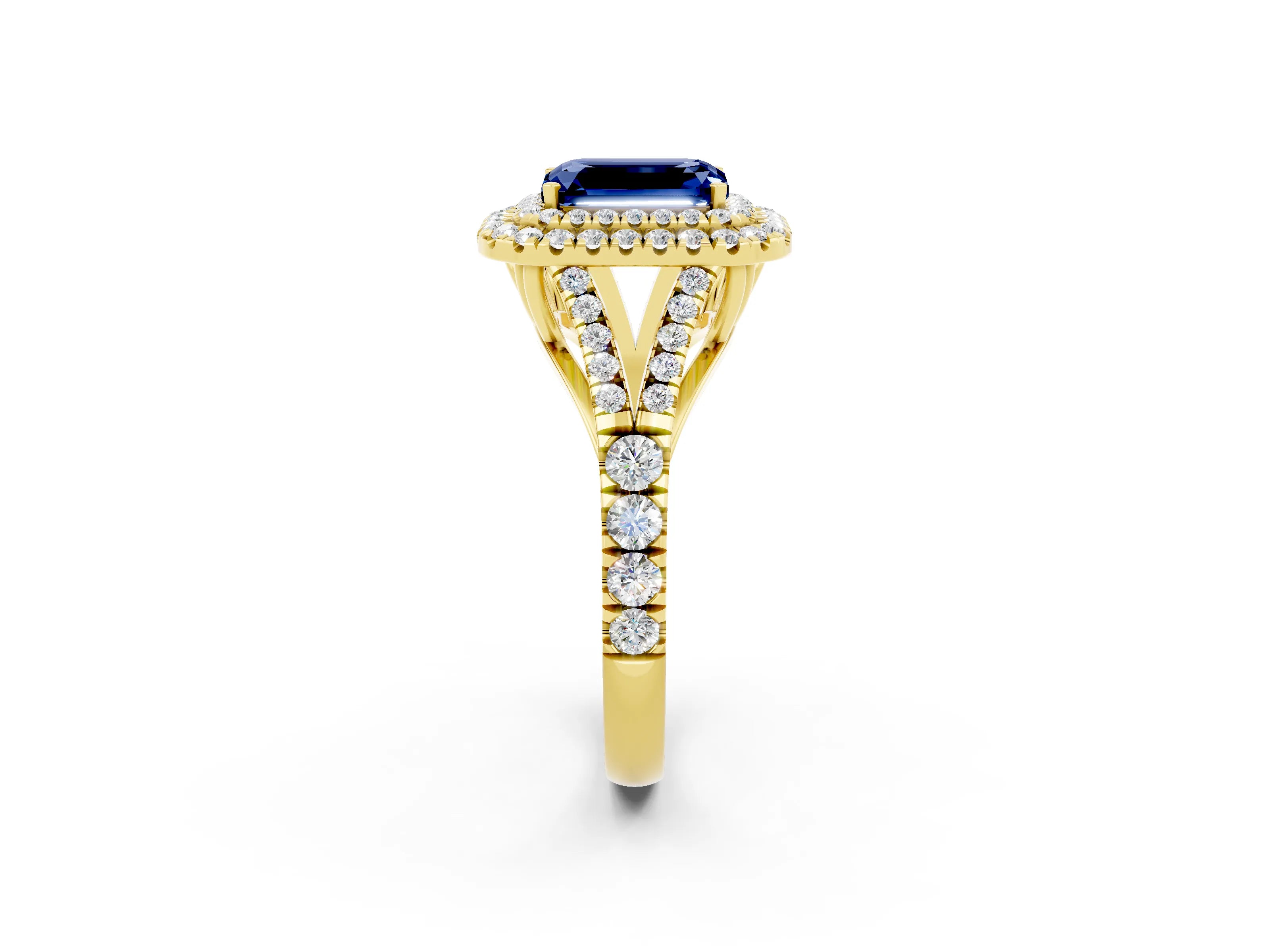Yellow gold Double Halo Emerald Cut Blue Sapphire Split Shank Engagement Ring with Four-Prong Setting_2