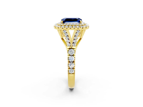 Yellow gold Double Halo Emerald Cut Blue Sapphire Split Shank Engagement Ring with Four-Prong Setting