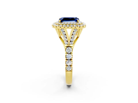 Yellow gold Double Halo Emerald Cut Blue Sapphire Split Shank Engagement Ring with Four-Prong Setting_2