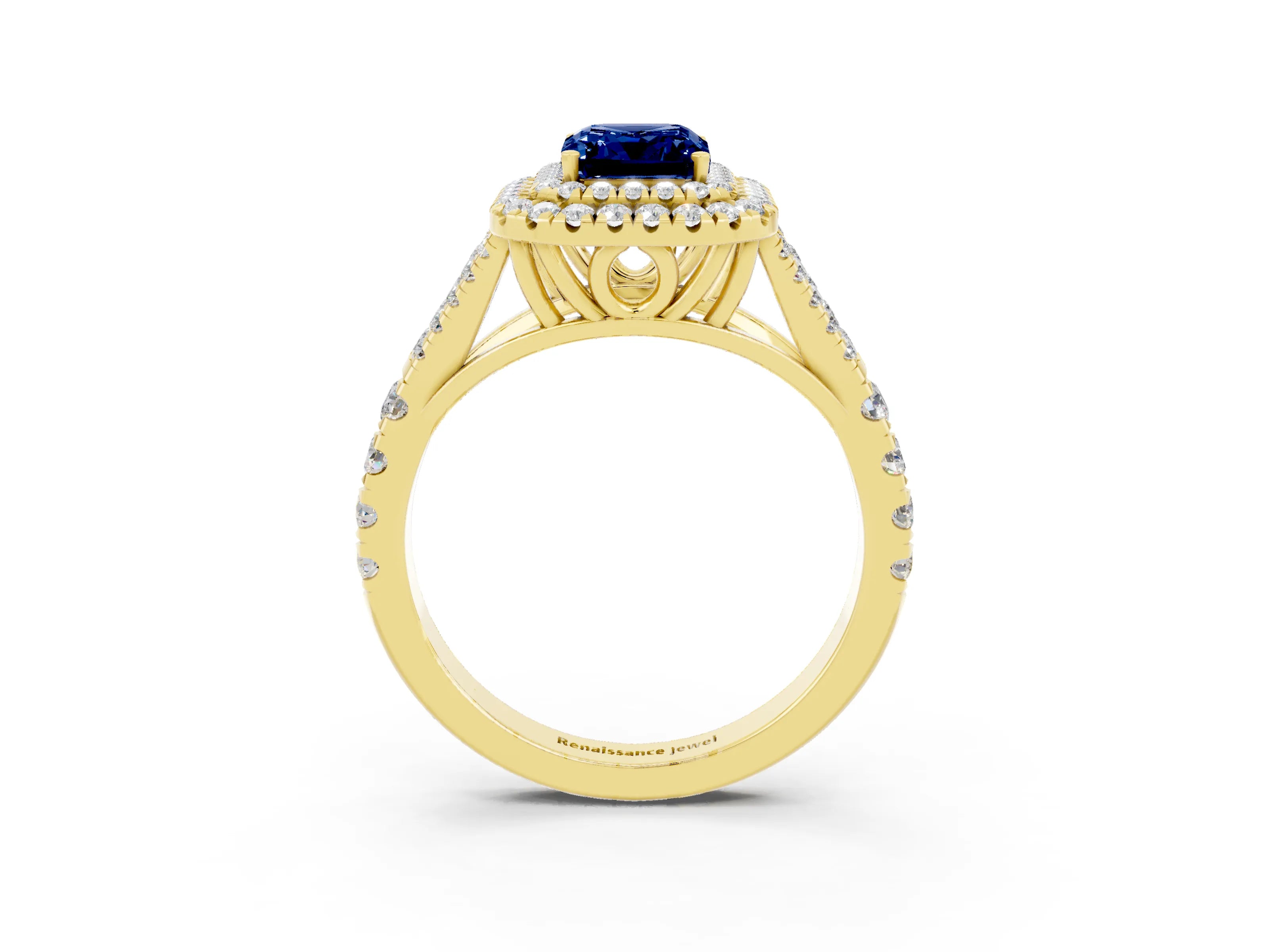 Yellow gold Double Halo Emerald Cut Blue Sapphire Split Shank Engagement Ring with Four-Prong Setting_3
