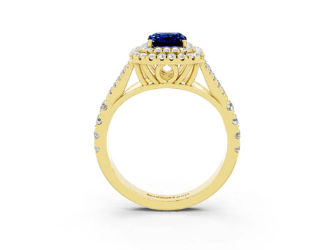 Yellow gold Double Halo Emerald Cut Blue Sapphire Split Shank Engagement Ring with Four-Prong Setting_3