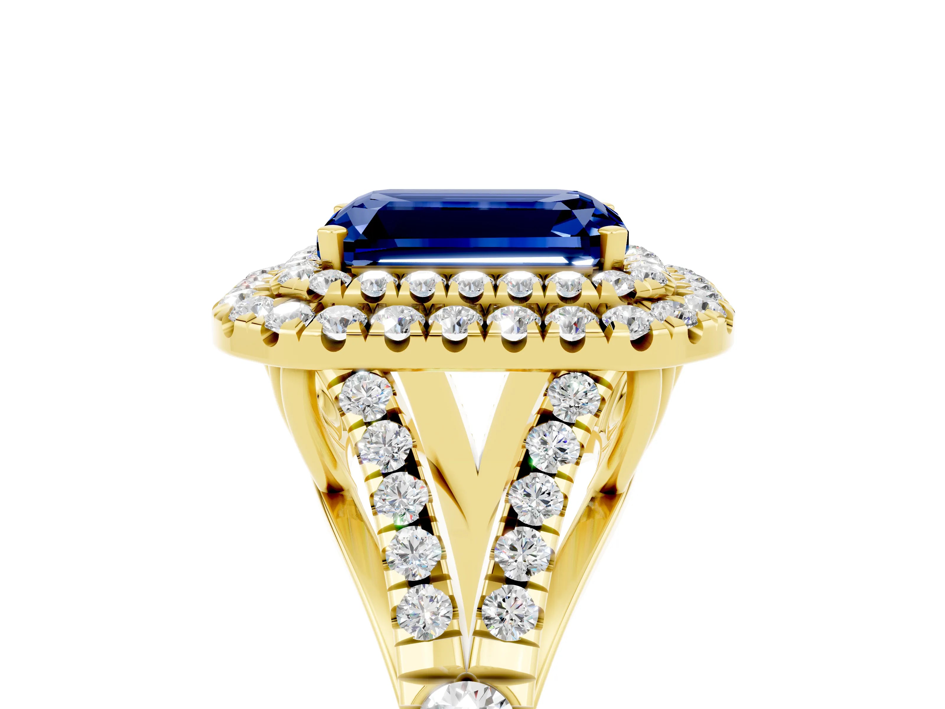 Yellow gold Double Halo Emerald Cut Blue Sapphire Split Shank Engagement Ring with Four-Prong Setting_5