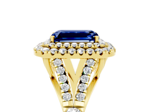 Yellow gold Double Halo Emerald Cut Blue Sapphire Split Shank Engagement Ring with Four-Prong Setting_5