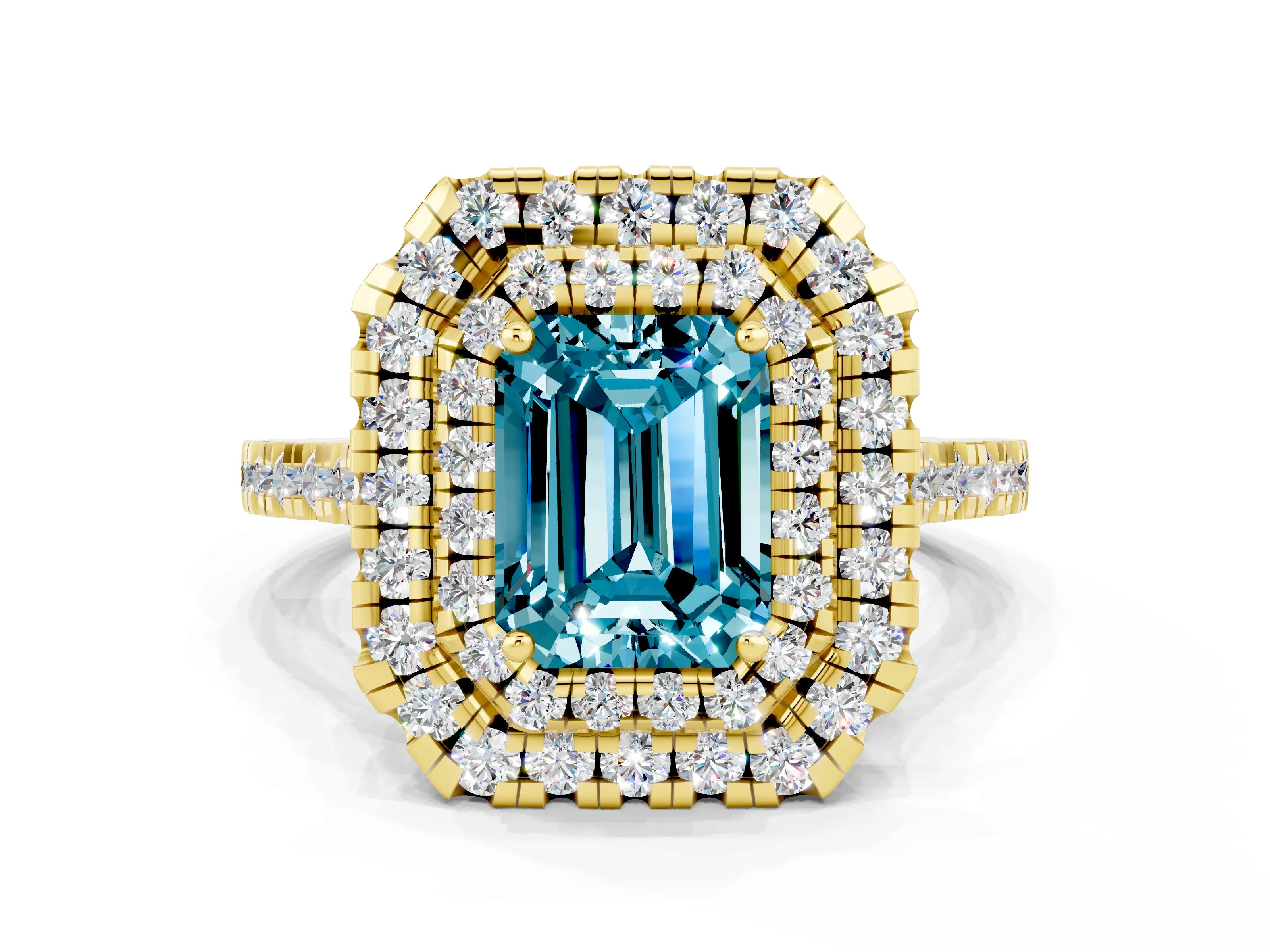 Yellow gold Double Halo Emerald Cut Blue Topaz Pavé Band with Four-Prong Setting