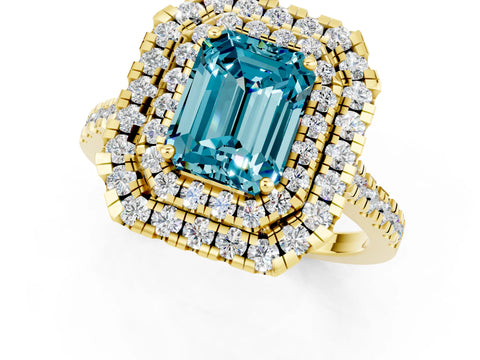 Yellow gold Double Halo Emerald Cut Blue Topaz Pavé Band with Four-Prong Setting_1