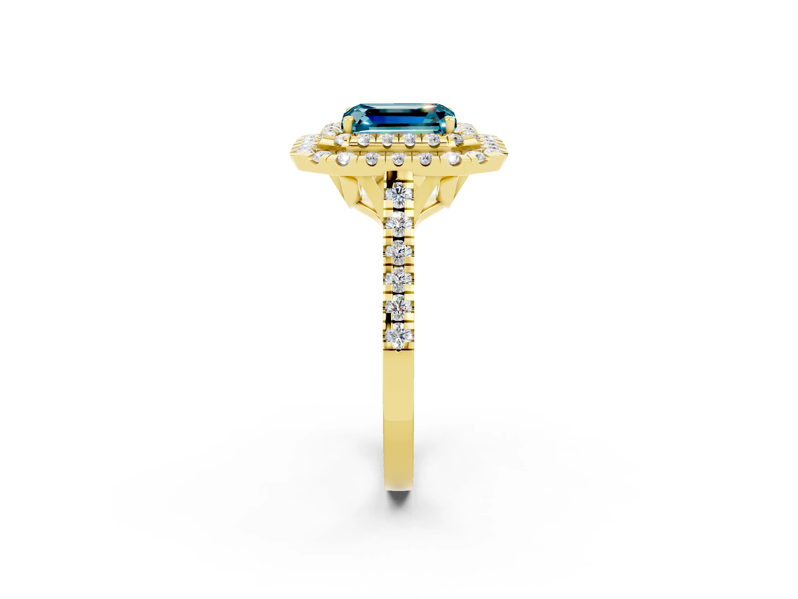 Yellow gold Double Halo Emerald Cut Blue Topaz Pavé Band with Four-Prong Setting_2
