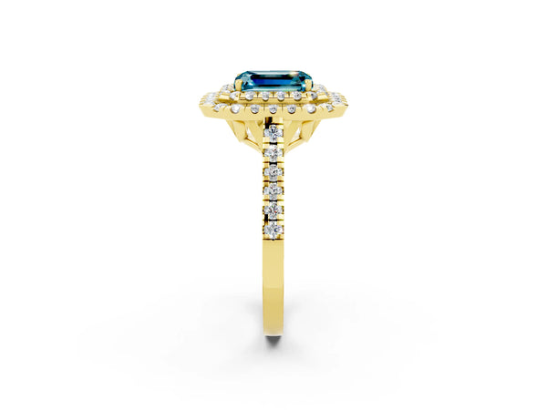 Yellow gold Double Halo Emerald Cut Blue Topaz Pavé Band with Four-Prong Setting