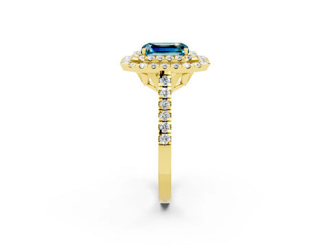 Yellow gold Double Halo Emerald Cut Blue Topaz Pavé Band with Four-Prong Setting_2