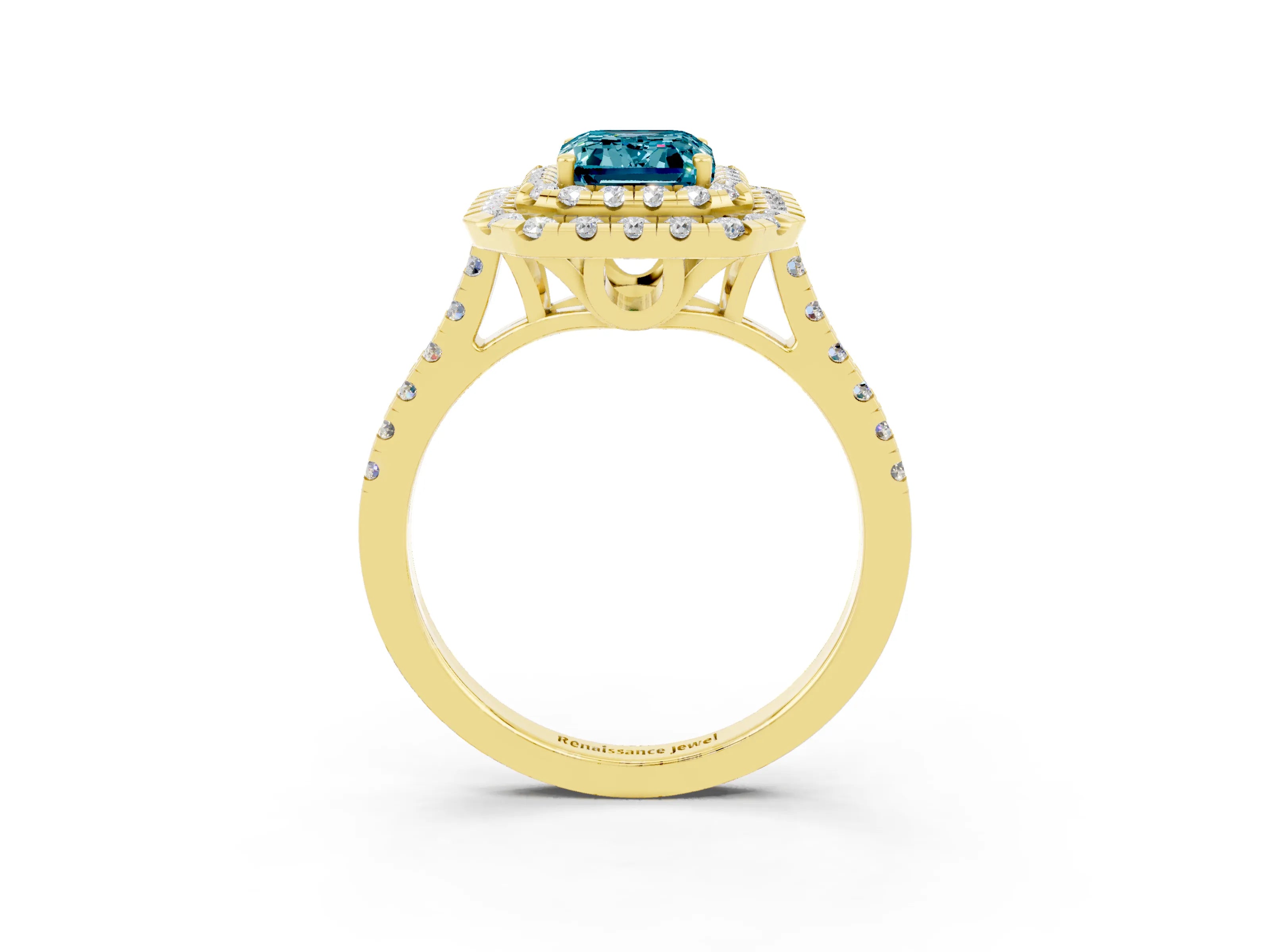 Yellow gold Double Halo Emerald Cut Blue Topaz Pavé Band with Four-Prong Setting_3