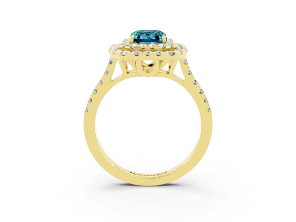 Yellow gold Double Halo Emerald Cut Blue Topaz Pavé Band with Four-Prong Setting
